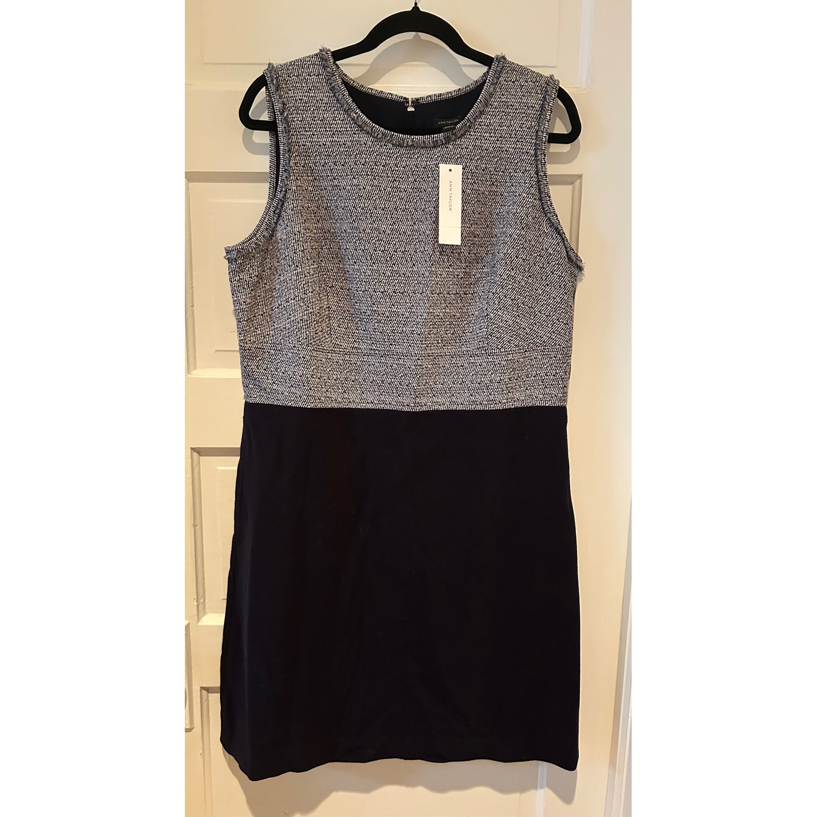 Ann Taylor Tweed Sheath Blue White Fringed Trim Size 14 Nwt $149